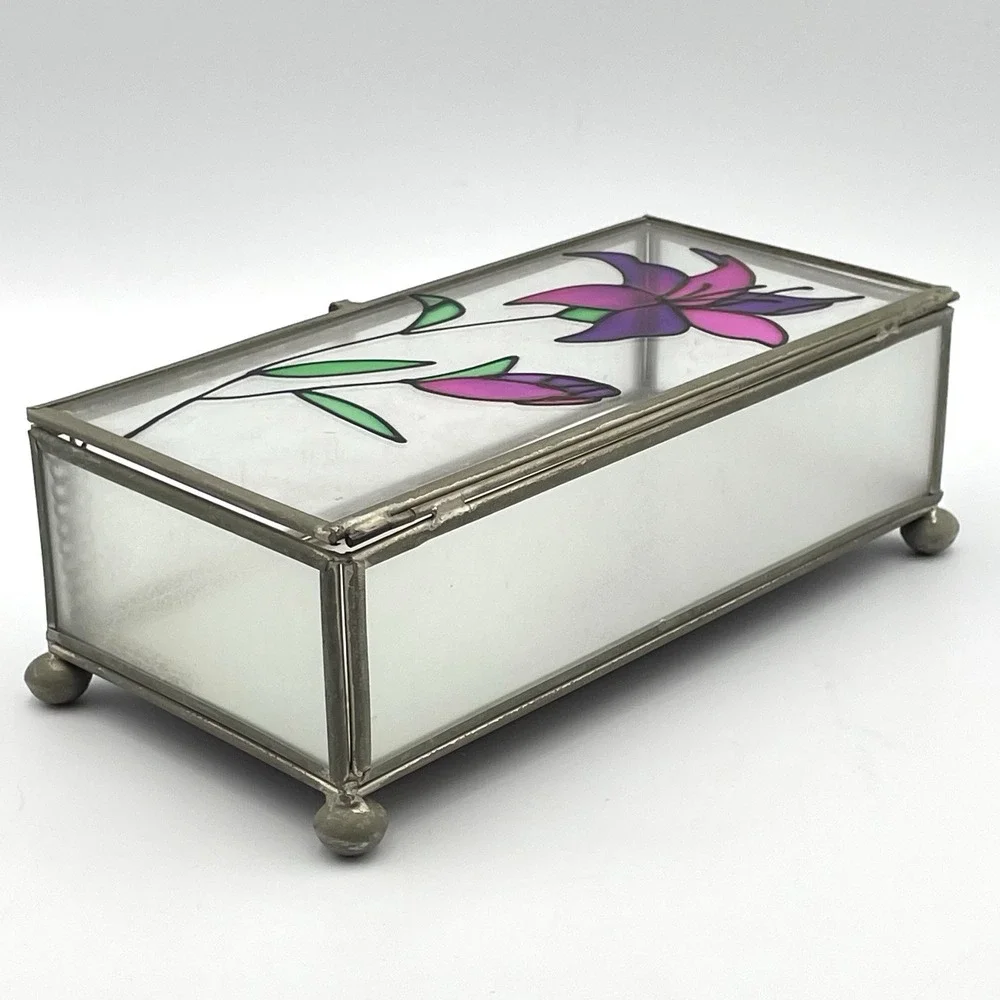 Vintage Taiwan Stained Glass Jewelry Trinket Box Frosted Glass Purple Lily